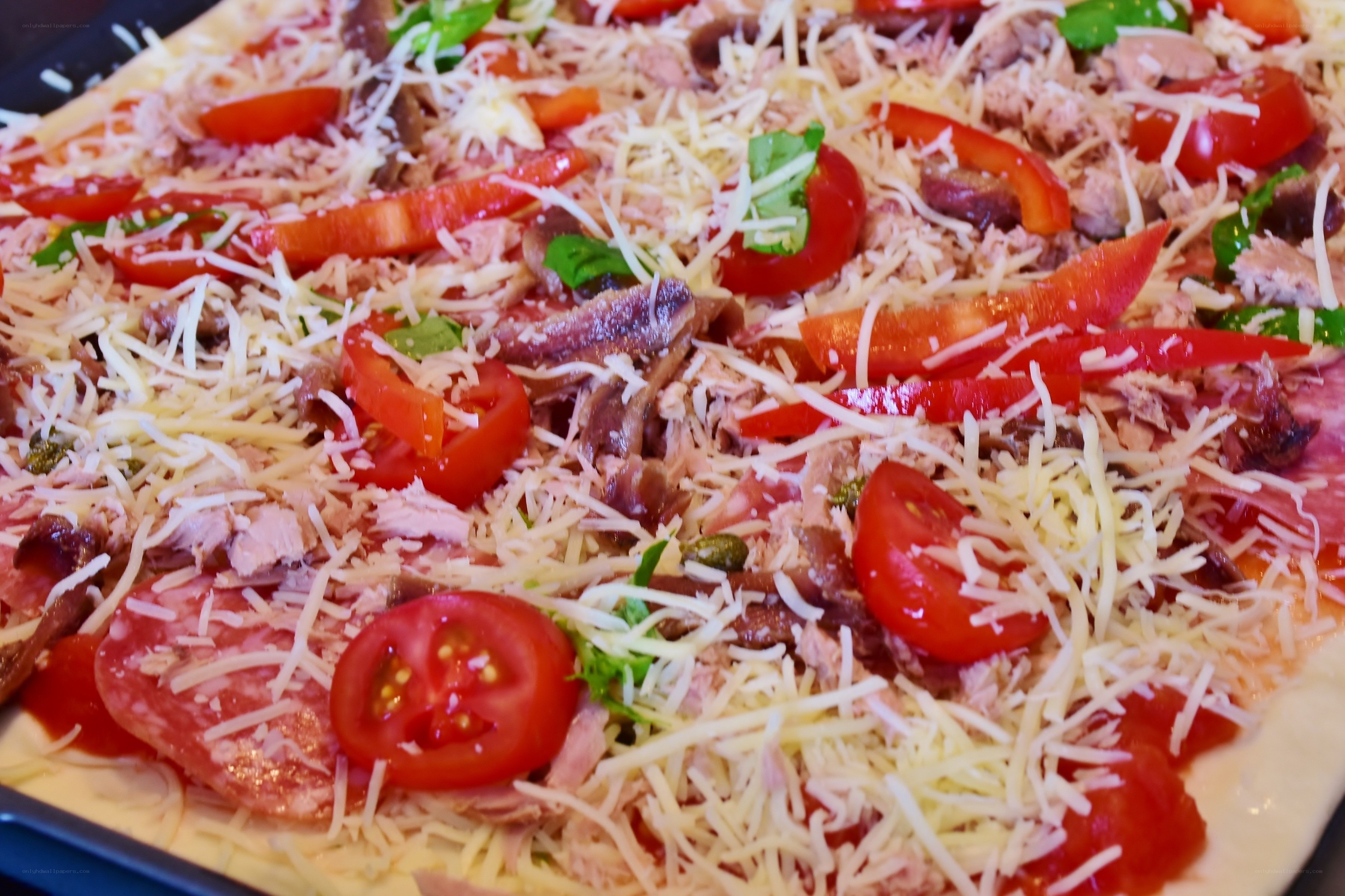 Tuna pizza with tomatoes and cheese
