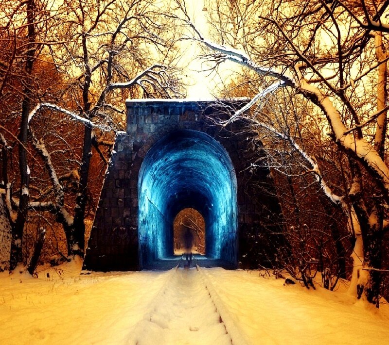 Tunnel in Snowy Forest — Blue