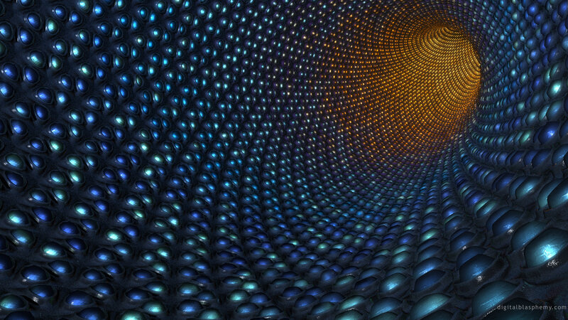 tunnel of glowing blue spheres