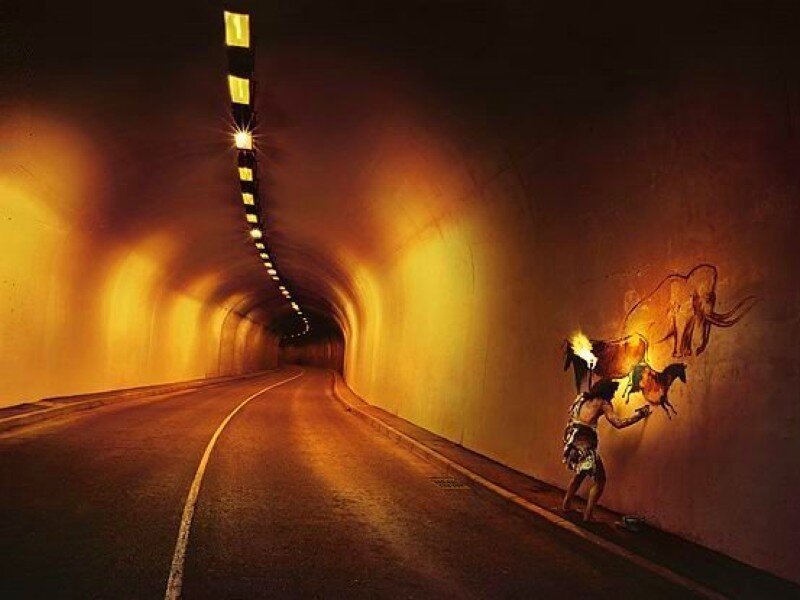 Tunnel with cave painting