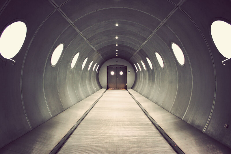 Tunnel with Circular Windows — Gray, Dramatic