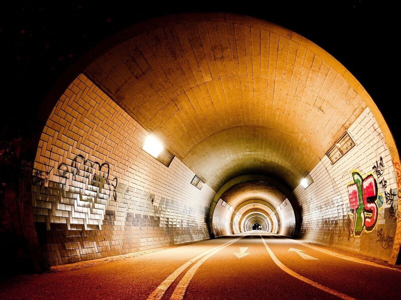Tunnel with Graffiti — Yellow, Dramatic, Night, Photograph, Lights