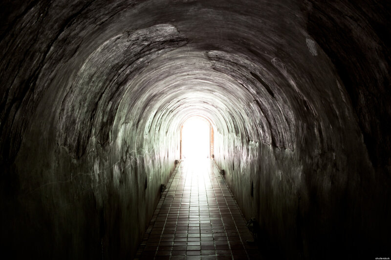 Tunnel with Light at End — Black, Dramatic