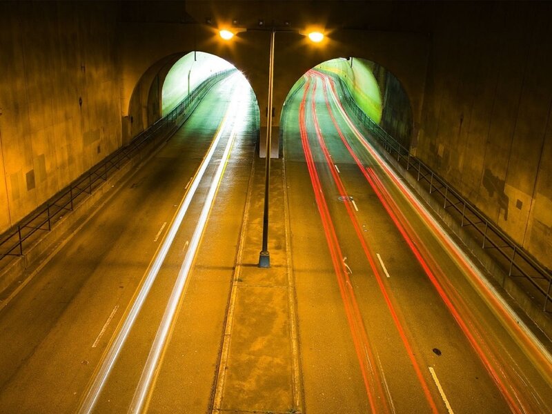Tunnel with Light Trails — Yellow, Dramatic, Night