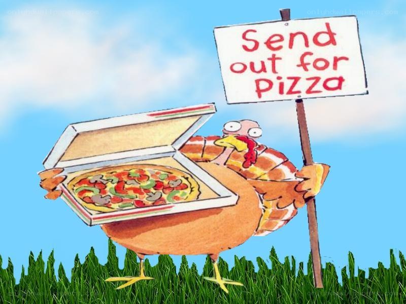turkey holding pizza sign