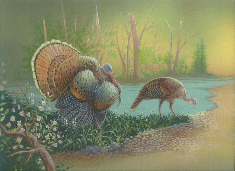 Turkeys by a Pond