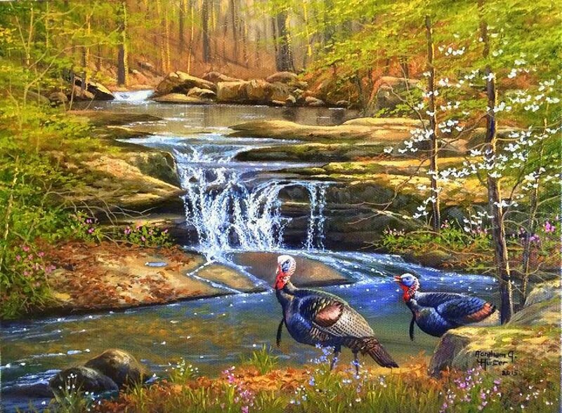 Turkeys by a Stream