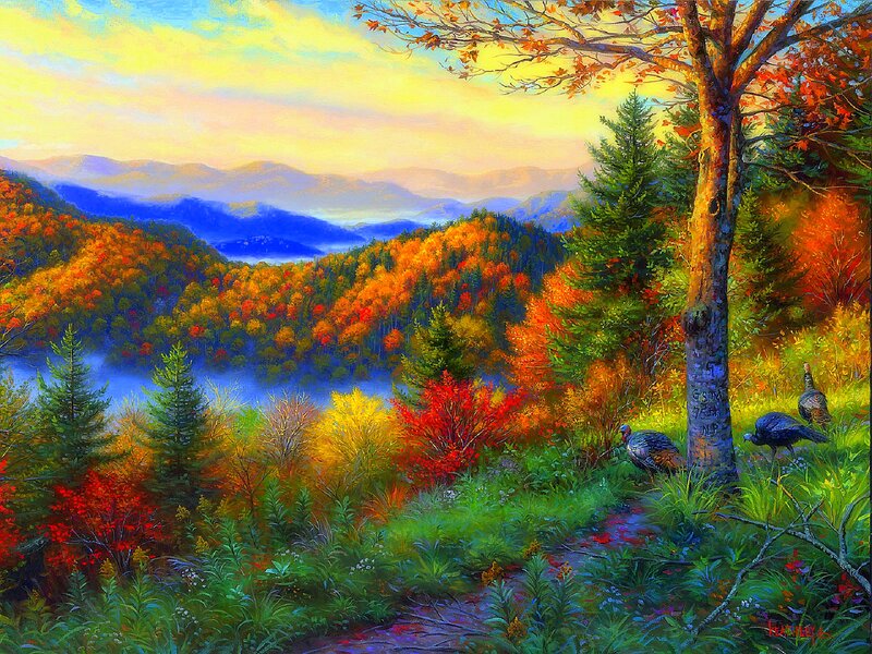 Turkeys in Forest — Yellow