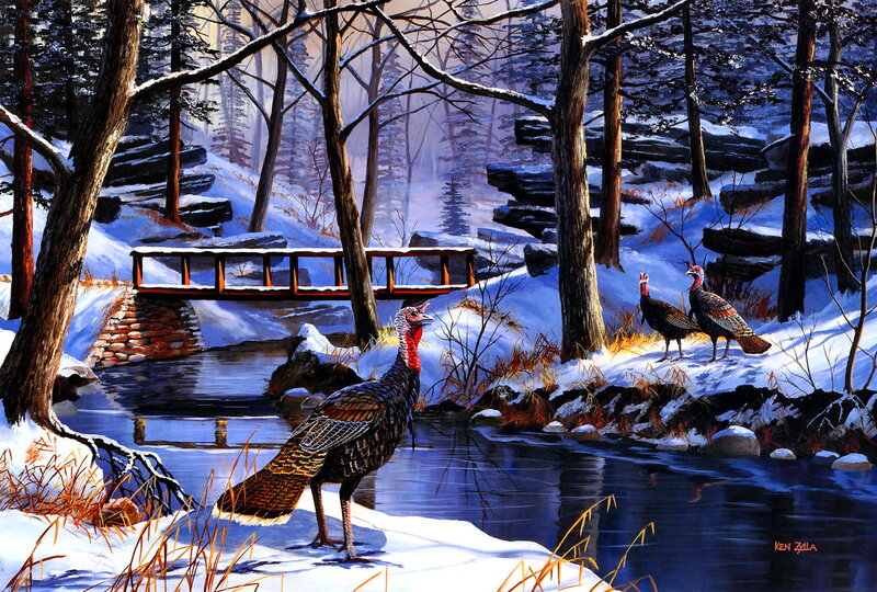 Turkeys in Winter Forest