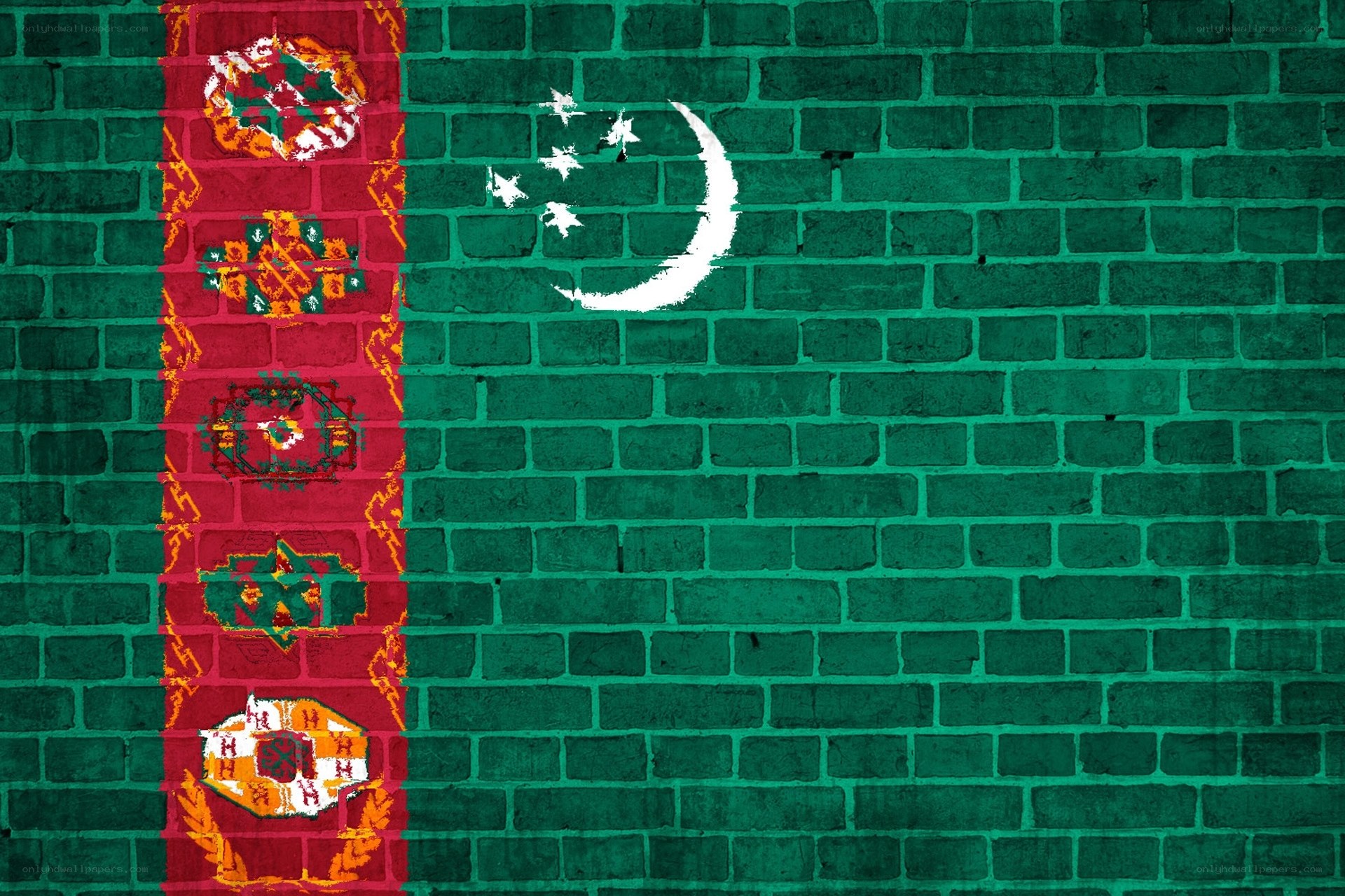 Turkmenistan flag on brick wall