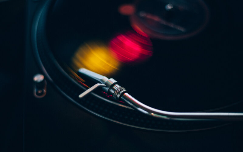 Turntable Playing Vinyl — Black, Dark, Night