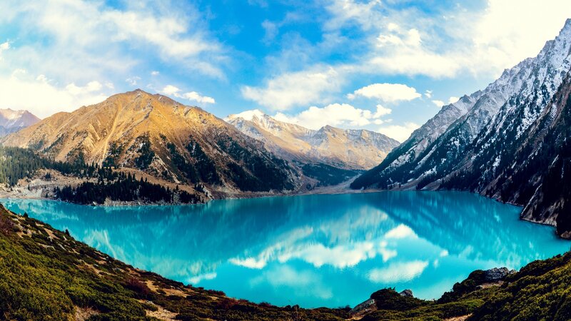 Turquoise Alpine Lake — Blue, Serene, Afternoon, Photograph, Mountains, Clouds, Forest