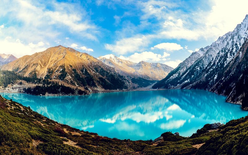 Turquoise Alpine Lake — Blue, Serene, Afternoon, Photograph, Mountains, Clouds