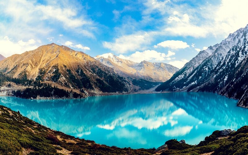 Turquoise Alpine Lake — Blue, Serene, Afternoon, Photograph, Mountains, Clouds, Trees
