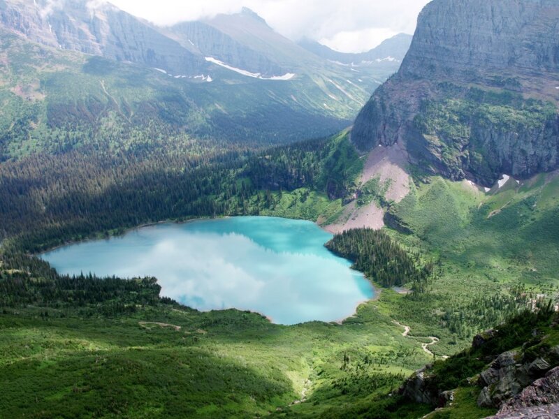 Turquoise Alpine Lake — Blue, Serene, Afternoon, Photograph, Mountains, Forest, Clouds