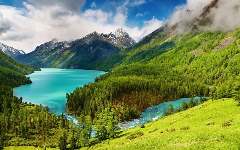 Turquoise Alpine Lake — Blue, Serene, Afternoon, Photograph, Mountains, Forest, River