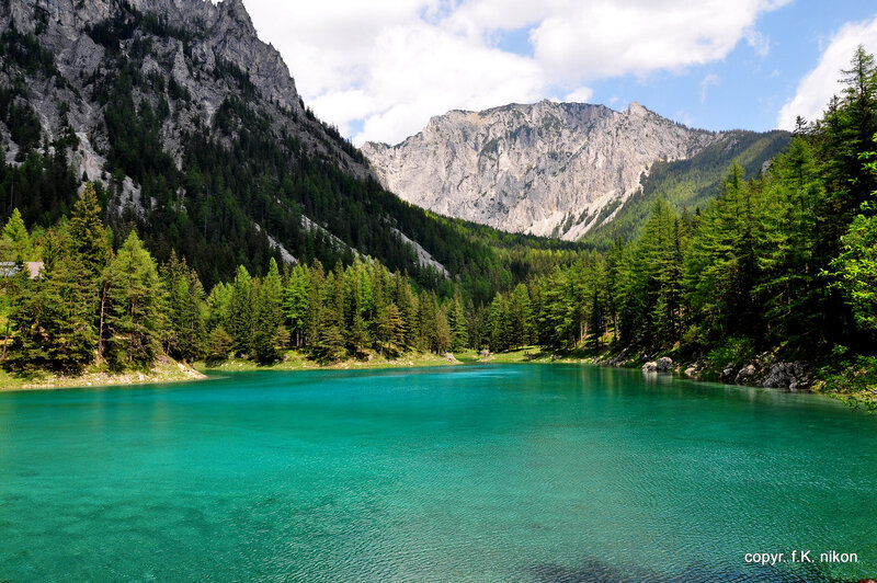 Turquoise Alpine Lake — Blue, Serene, Afternoon, Photograph, Mountains, Forest, Sky