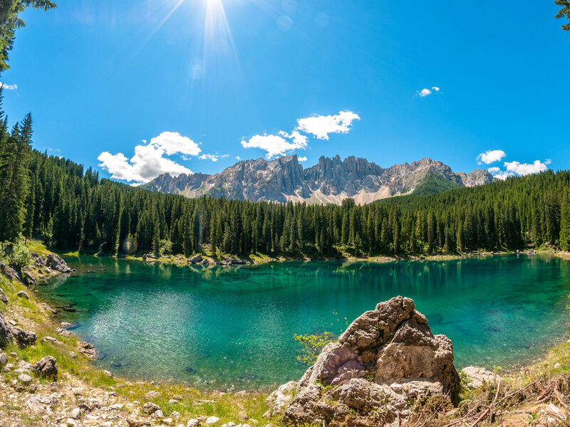 Turquoise Alpine Lake — Blue, Serene, Afternoon, Photograph, Mountains, Forest, Sun