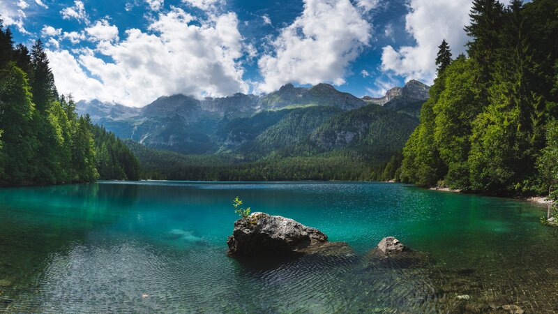 Turquoise Alpine Lake — Blue, Serene, Afternoon, Photograph, Mountains, Trees, Rock
