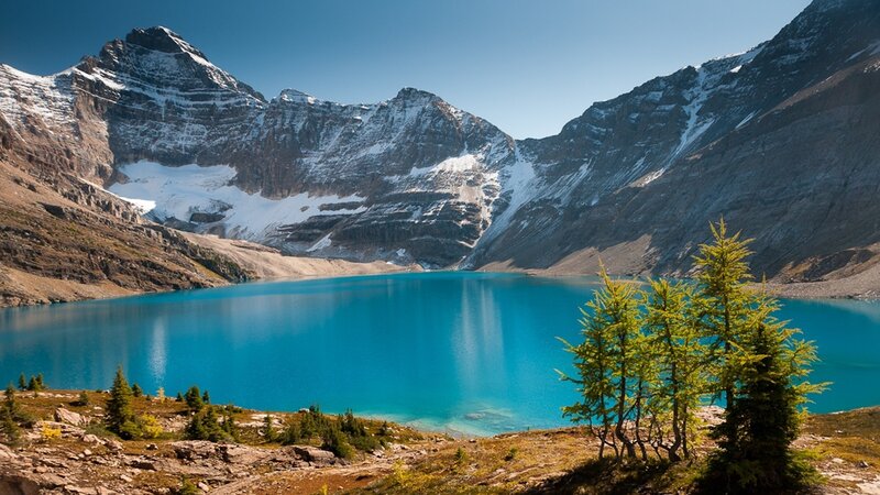 Turquoise Alpine Lake — Blue, Serene, Afternoon, Photograph, Mountains, Trees, Snow