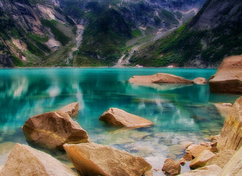 Turquoise Alpine Lake — Blue, Serene, Afternoon, Photograph, Rocks