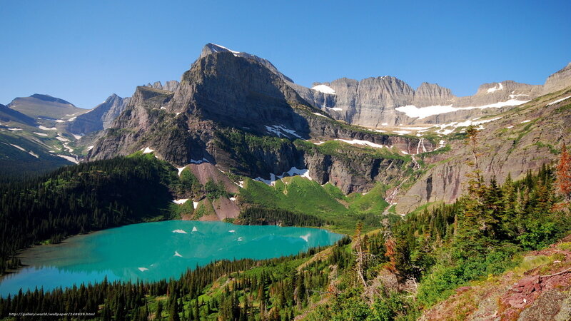 Turquoise Alpine Lake — Blue, Serene, Summer, Photograph, Mountains, Forest, Snow