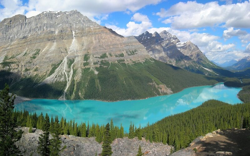 Turquoise Lake and Mountains — Blue, Serene, Afternoon, Photograph, Forest, Clouds