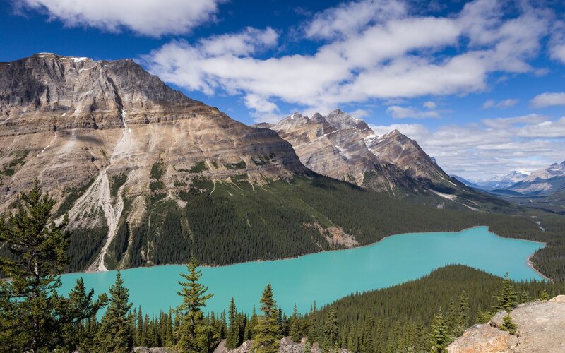 Turquoise Lake and Mountains — Blue, Serene, Afternoon, Photograph, Forest, Sky