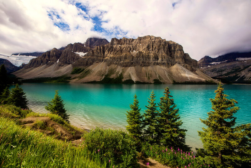 Turquoise Lake and Mountains — Blue, Serene, Afternoon, Photograph, Pine Trees, Glacier