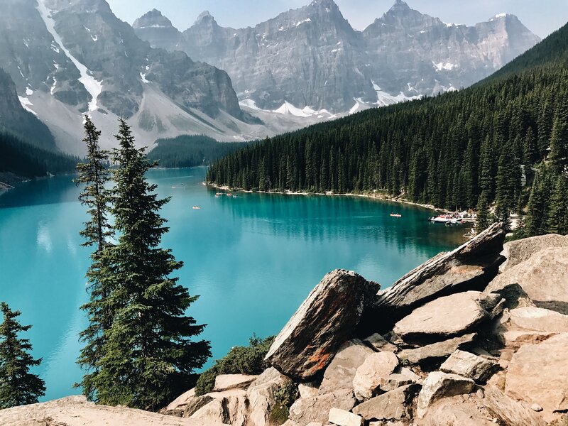 Turquoise Lake and Mountains — Blue, Serene, Afternoon, Photograph, Pine Trees, Rocks