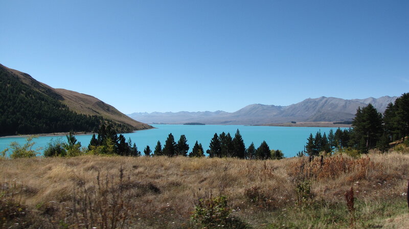 Turquoise Lake and Mountains — Blue, Serene, Afternoon, Photograph, Trees, Grass