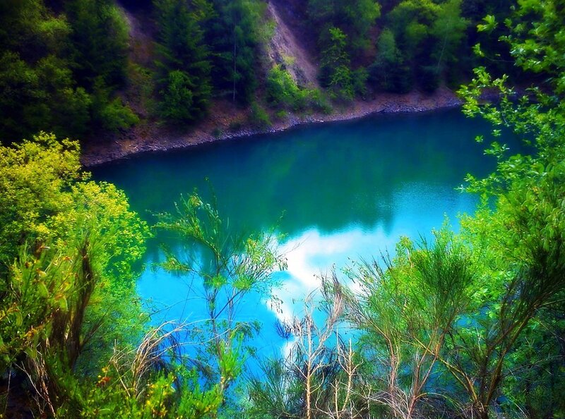 Turquoise Lake in Forest — Blue, Serene, Afternoon, Photograph, Trees, Hillside