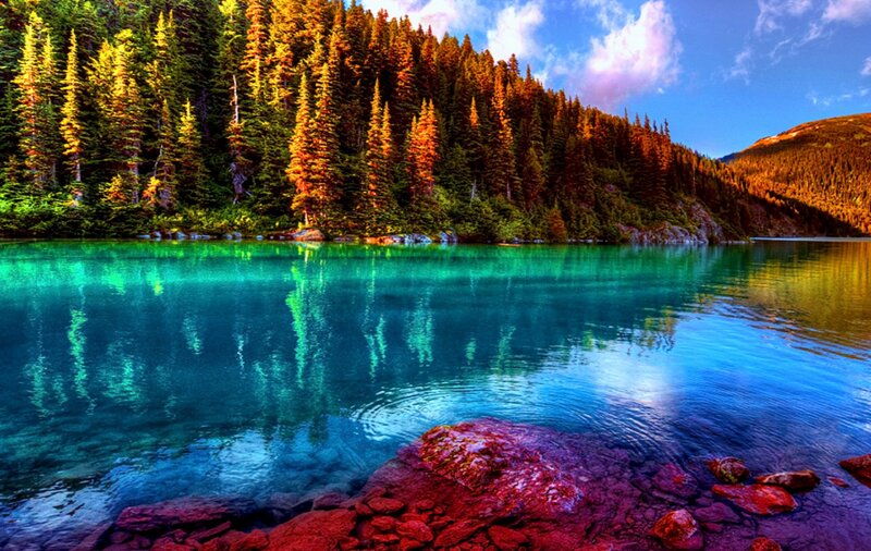 Turquoise Lake in Forest — Blue, Serene, Afternoon, Photograph, Trees, Rocks, Mountain