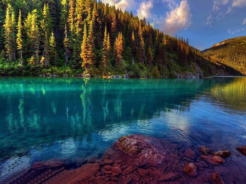 Turquoise Lake in Forest — Blue, Serene, Afternoon, Photograph, Trees, Rocks