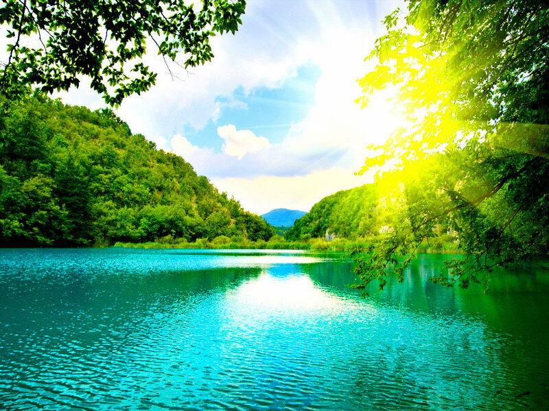 Turquoise Lake in Forest — Blue, Serene, Afternoon, Photograph, Trees, Sunlight
