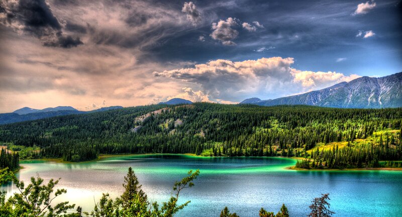 Turquoise Lake in Mountains — Blue, Dramatic, Afternoon, Photograph, Forest