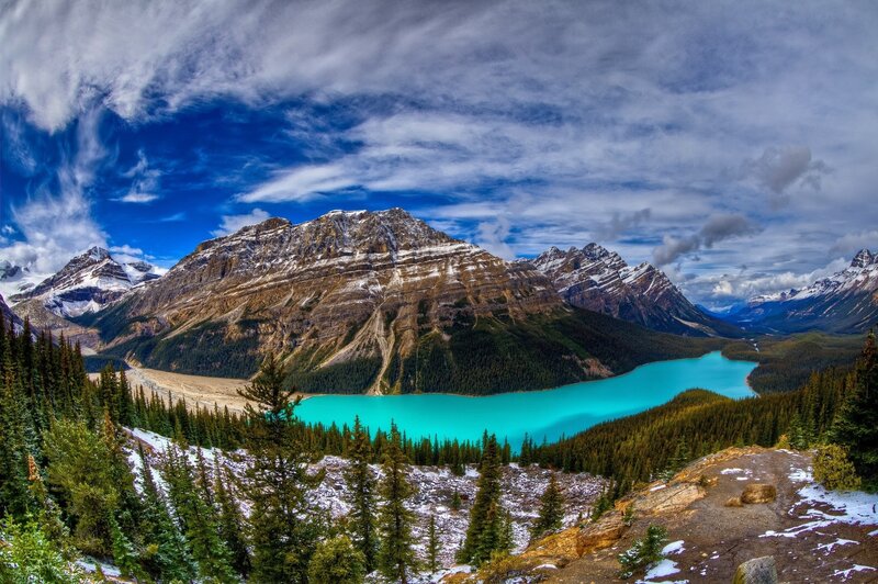 Turquoise Lake in Mountains — Blue, Dramatic, Afternoon, Photograph, Snow-capped Peaks