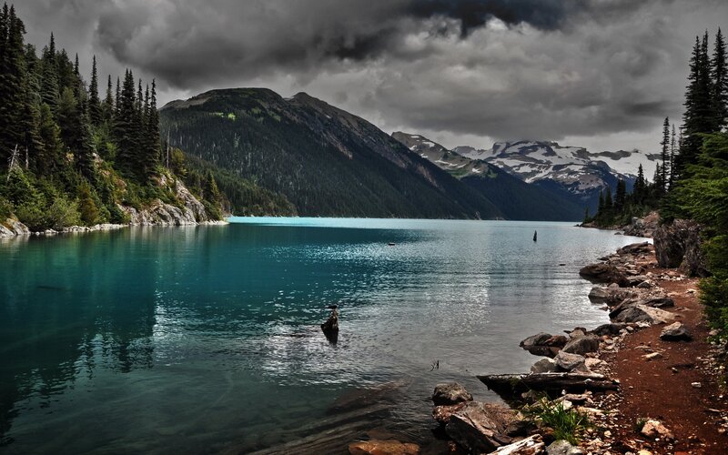 Turquoise Lake in Mountains — Blue, Dramatic, Photograph, Forest, Clouds