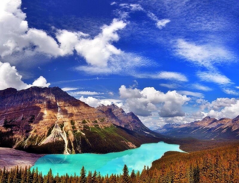 Turquoise Lake in Mountains — Blue, Serene, Afternoon, Photograph, Forest, Clouds