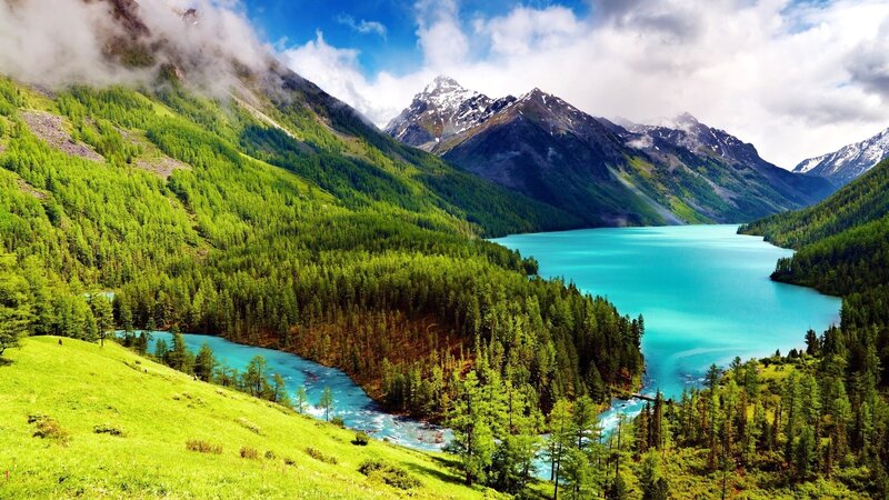 Turquoise Lake in Mountains — Blue, Serene, Afternoon, Photograph, Forest, River