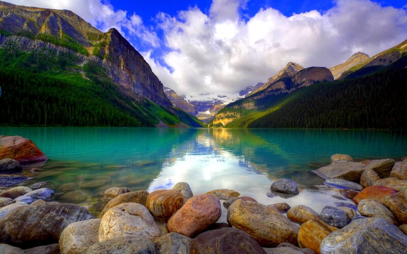 Turquoise Lake in Mountains — Blue, Serene, Afternoon, Photograph, Forest, Rocks