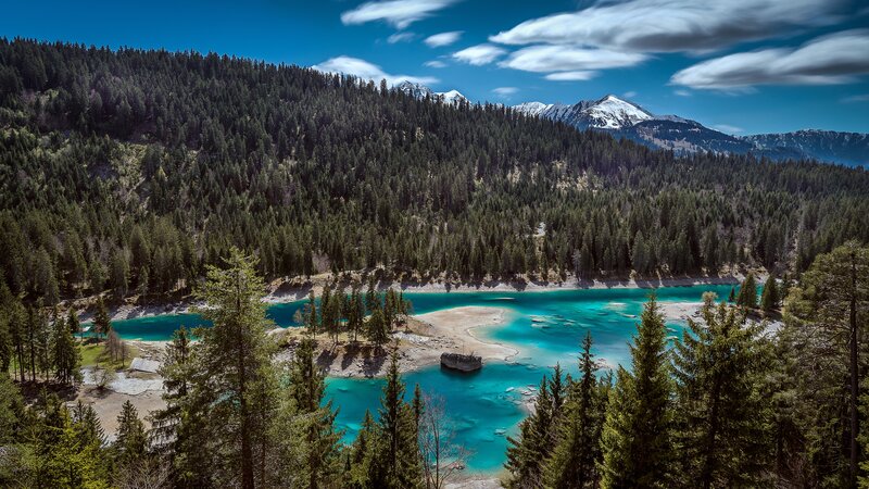 Turquoise Lake in Mountains — Blue, Serene, Afternoon, Photograph, Forests