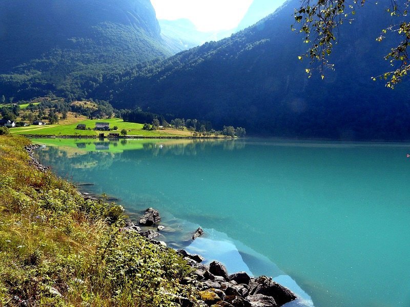Turquoise Lake in Mountains — Blue, Serene, Afternoon, Photograph, Grass