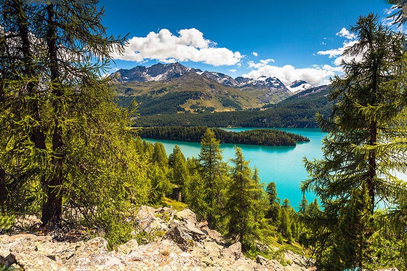 Turquoise Lake in Mountains — Blue, Serene, Afternoon, Photograph, Trees, Clouds