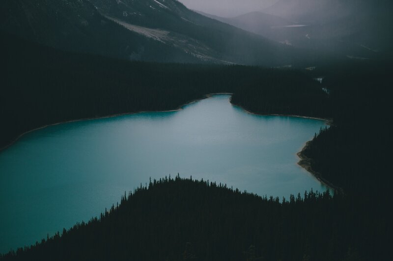Turquoise Lake in Mountains — Blue, Serene, Morning, Photograph, Forest