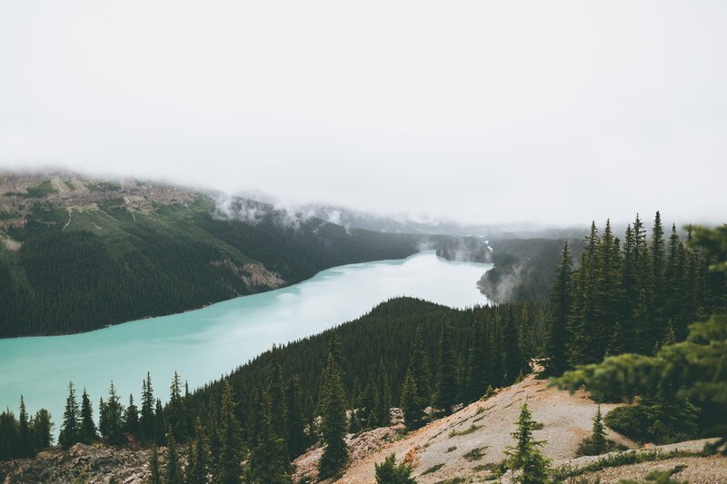 Turquoise Lake in Mountains — Blue, Serene, Morning, Photograph
