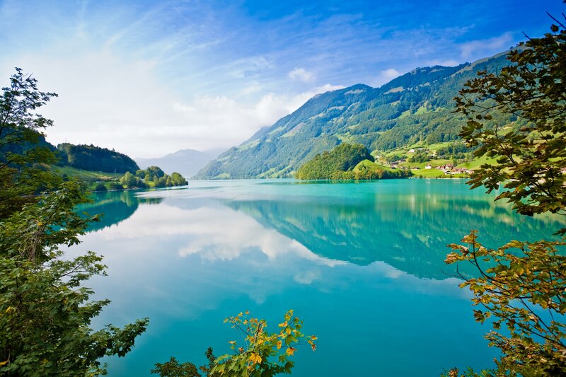 Turquoise Lake in Mountains — Blue, Trees