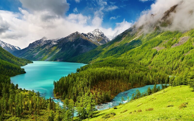 Turquoise Lake in Mountains — Blue, White