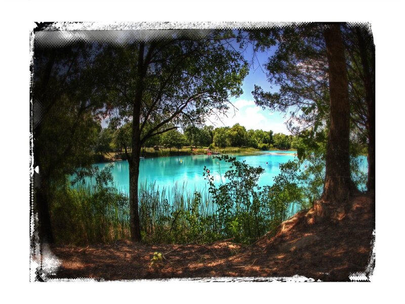 Turquoise lake through trees