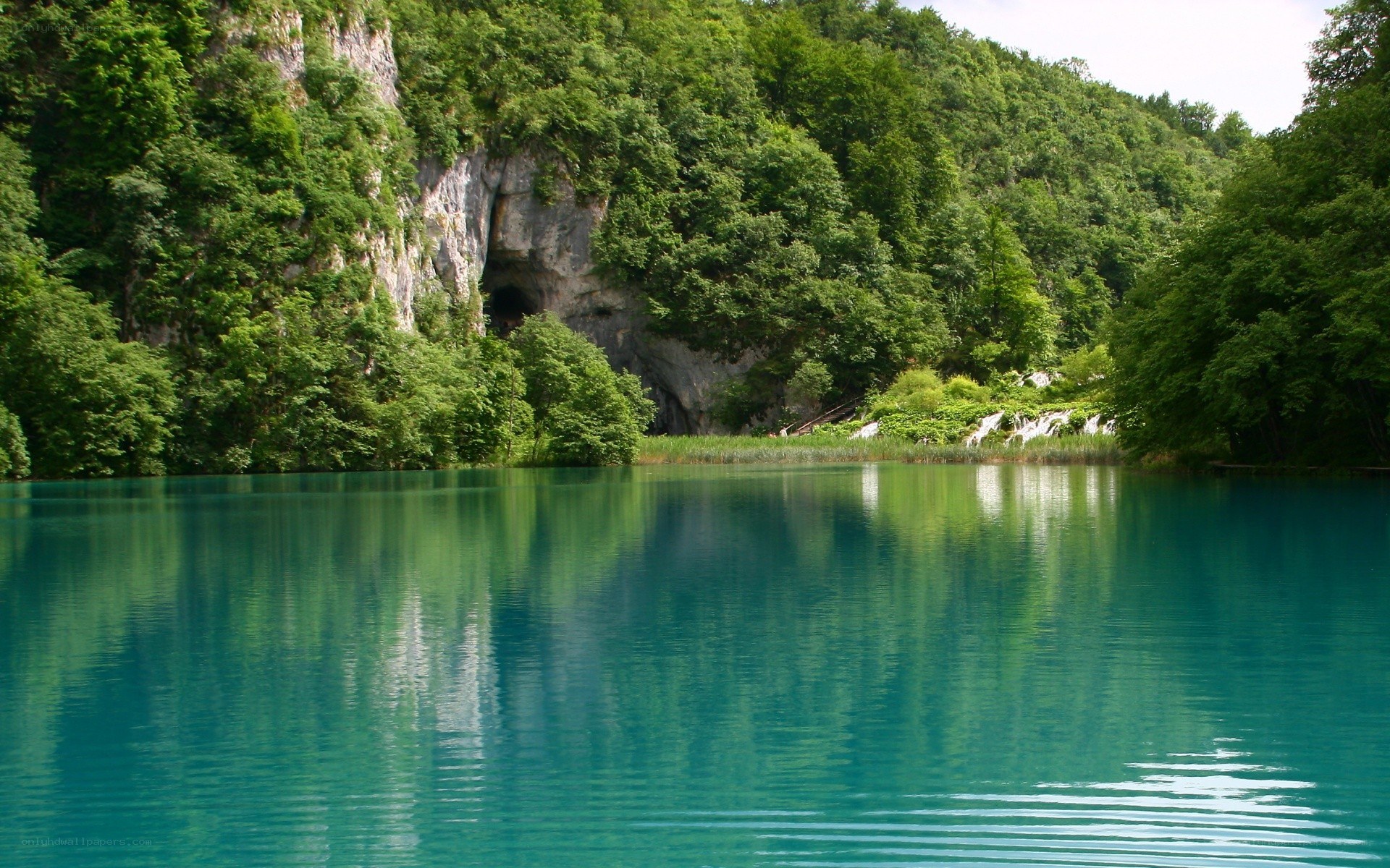 Turquoise lake with forested cliffs